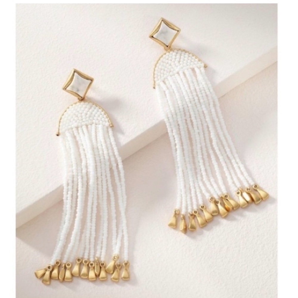 Stella & Dot White and Gold Fringe Earrings